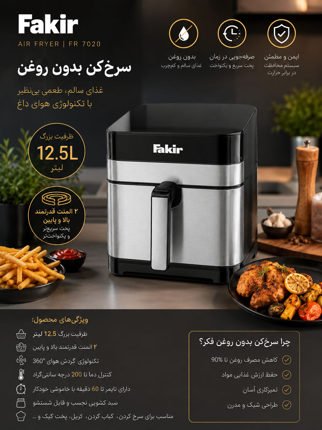 سرخ کن برند فکیر 12/5لیتر2المنت2سبددارای یخ‌شکن صفحه لمسی جدید جنس بدنه درجه یک های گلاس بصورت عمده هم موجود